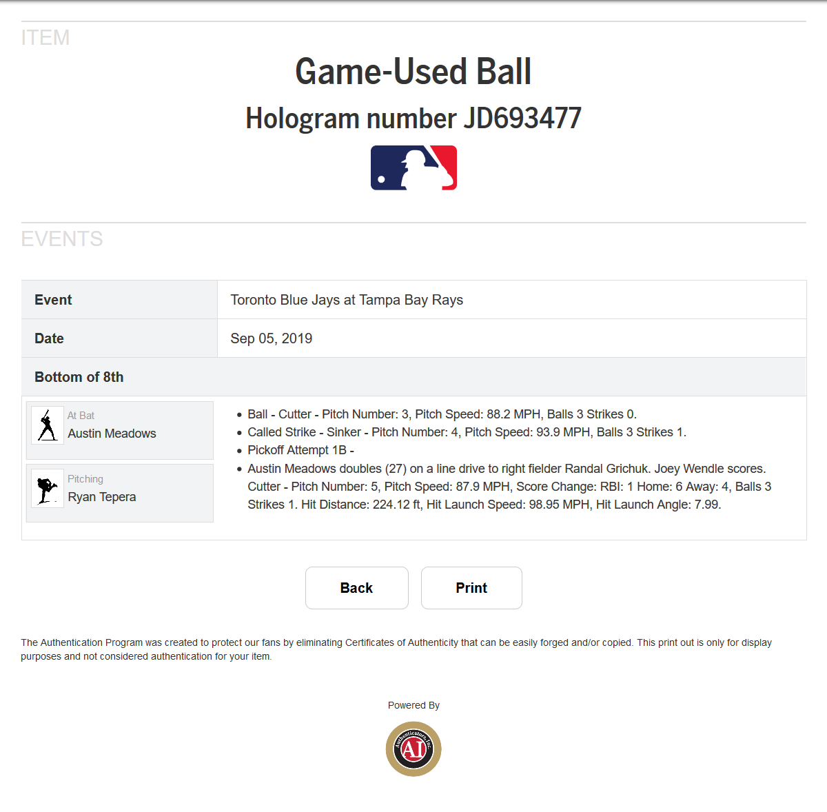 Austin Meadows MLB Game Used Double RBI Baseball 9/5/19 Career 2B #36 Rays