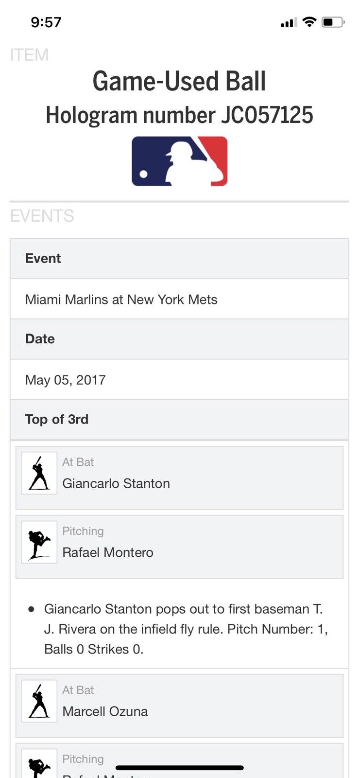 Marcell Ozuna Autographed MLB Game Used RBI Single 5/5/17 Hit #524 Stanton Out