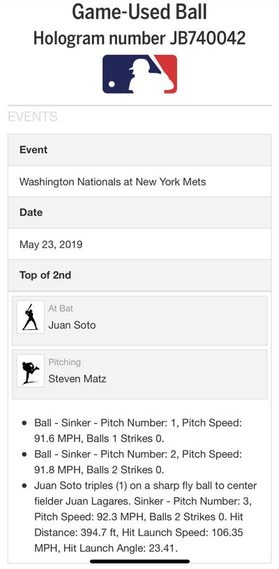Juan Soto MLB Game Used Triple Signed Baseball 5/23/19 Career Triple #2 Nats