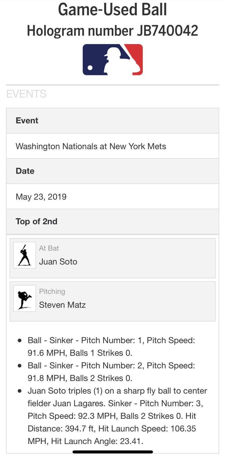 Juan Soto MLB Game Used Triple Signed Baseball 5/23/19 Career Triple 