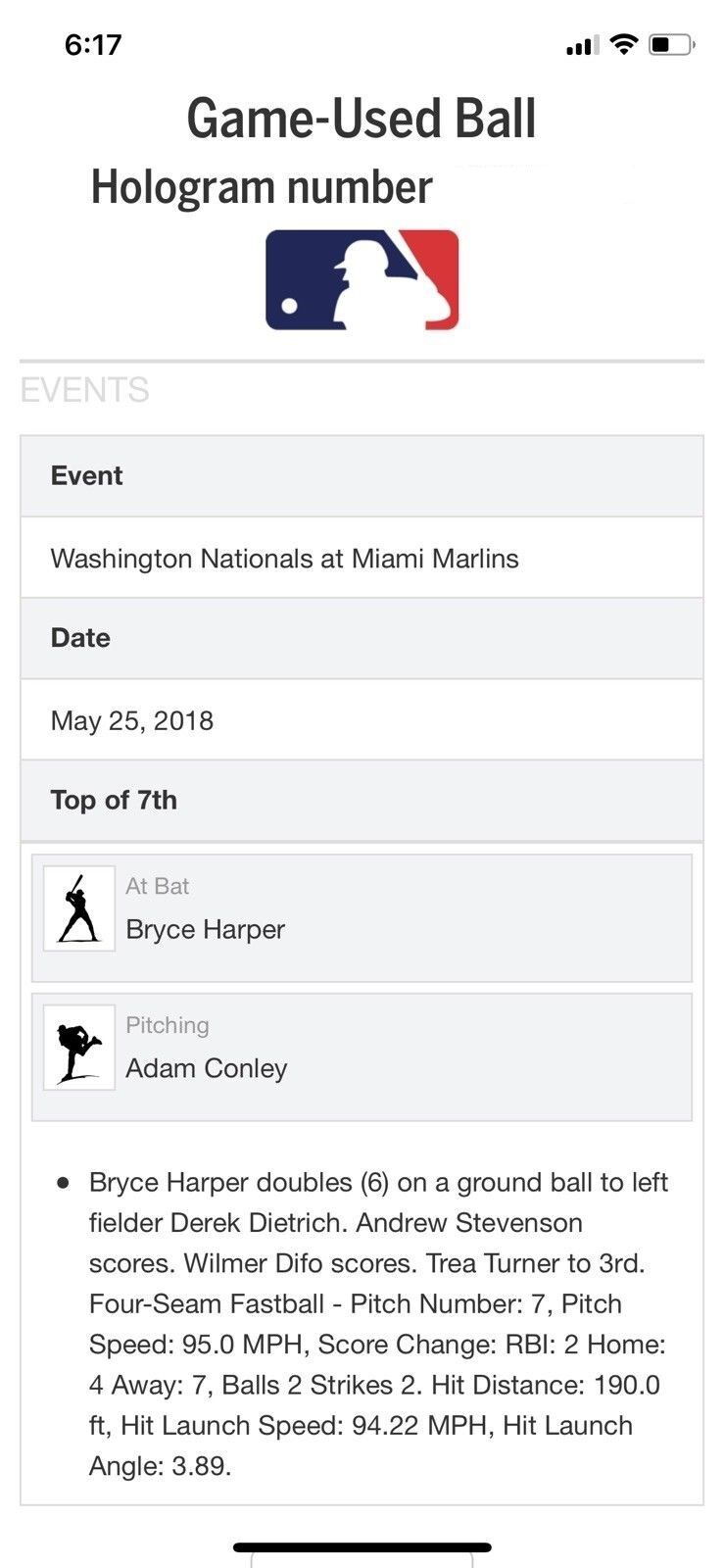 Bryce Harper MLB Game Used Double 2 RBI's 5/25/18 Hit #824 RBI #459+ Double #155