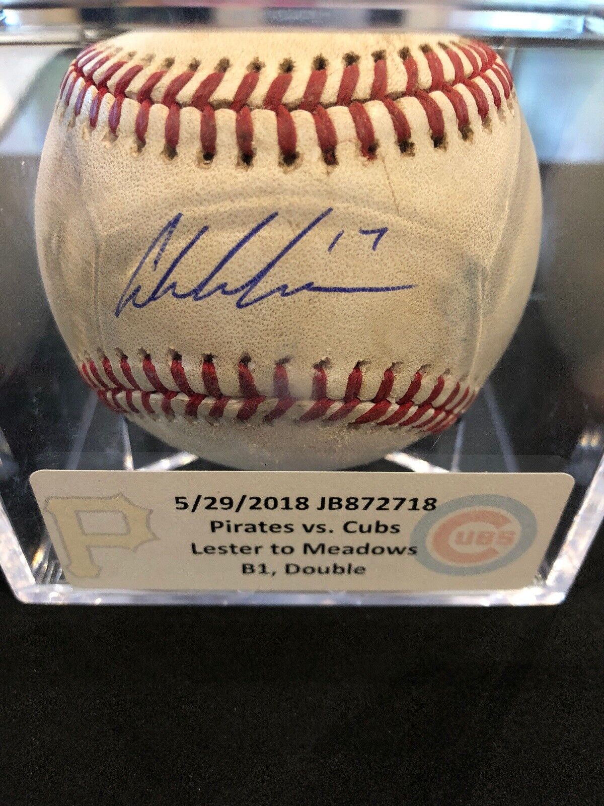 Austin Meadows MLB Game Used Double Autographed Baseball 5/29/18 Career Double#3