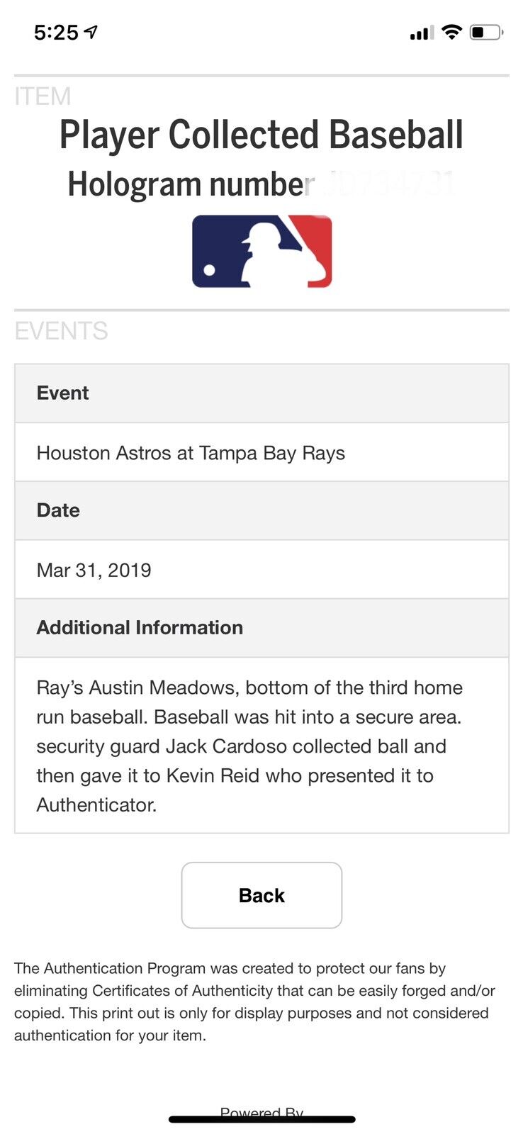 Austin Meadows MLB Game Used Home Run Baseball 3/31/19 Career HR #8 RBI #19-20