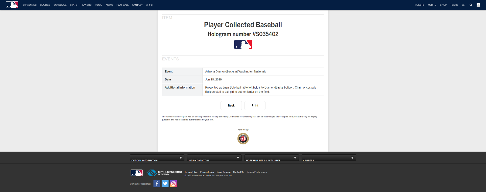 Juan Soto MLB Authenticated Game Used Home Run #33 Baseball 6/15/19 Nationals