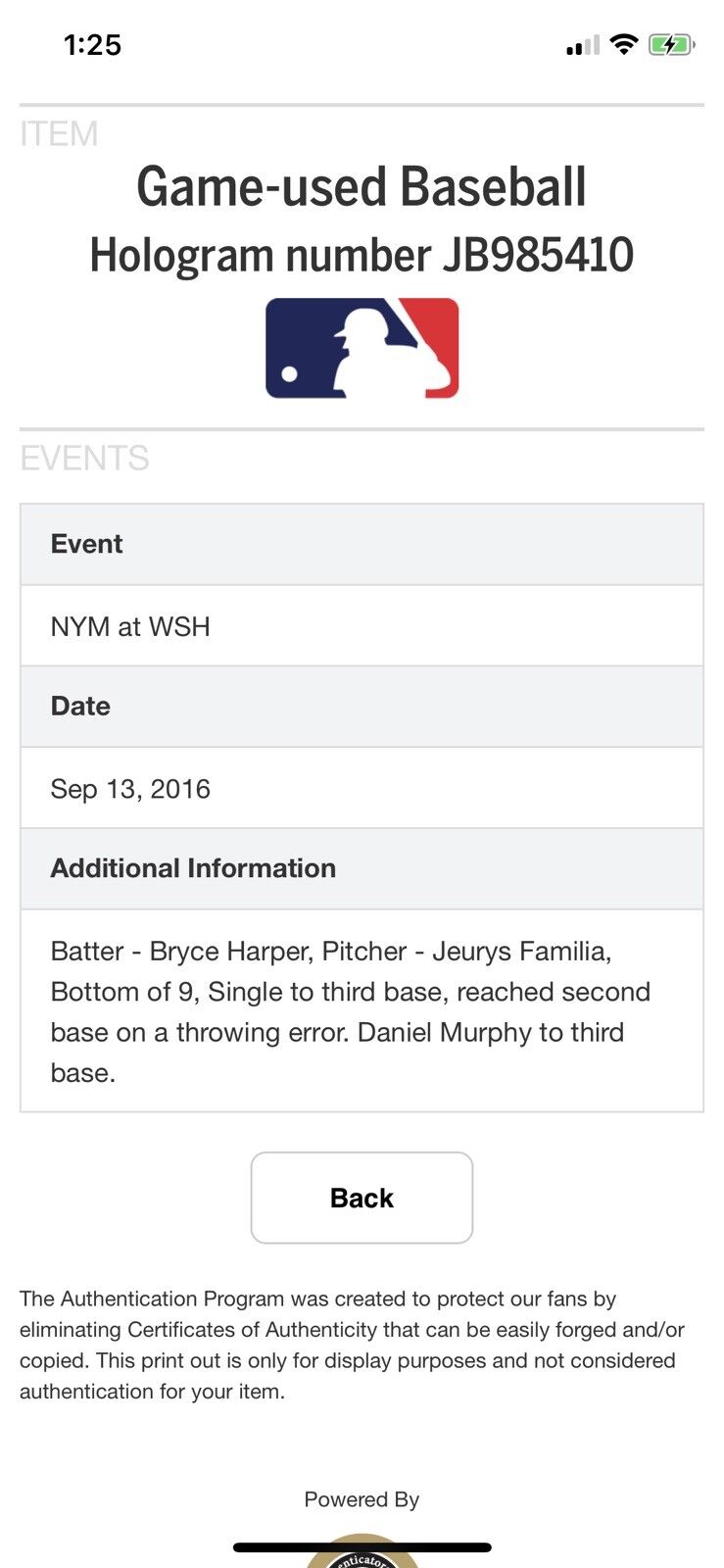 Bryce Harper MLB Game Used Single 9/13/16 Hit 
