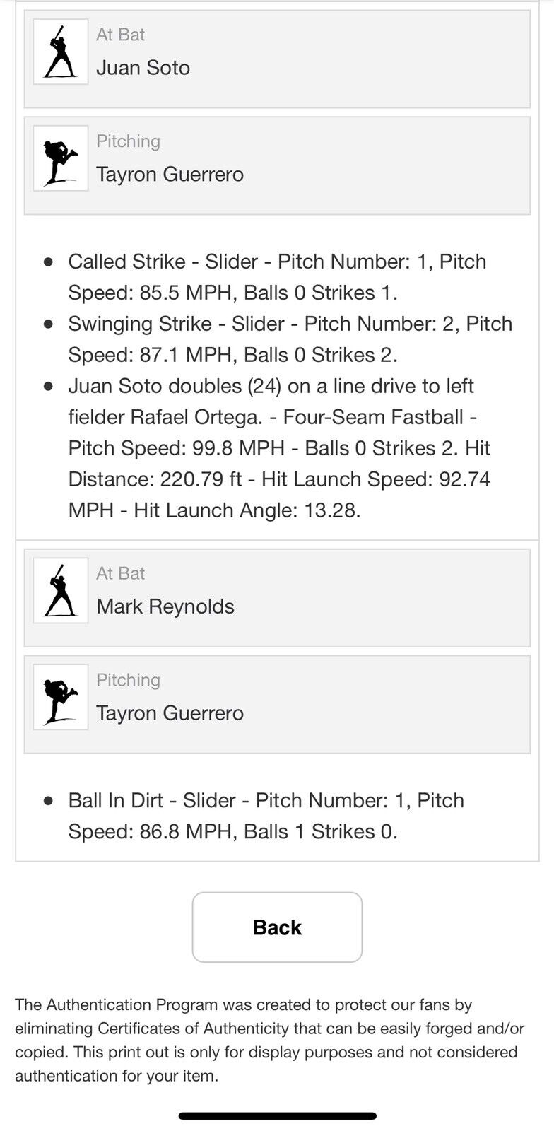 Juan Soto MLB Game Used Double Signed Baseball 9/26/18 Career Double #24 Nats