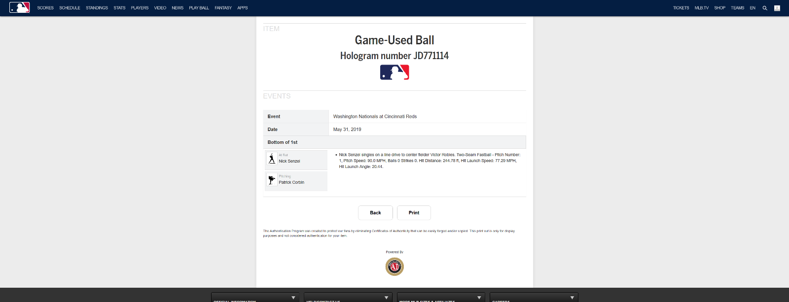 Nick Senzel MLB Game Used Single Baseball 5/31/19 Career Hit #30 Reds