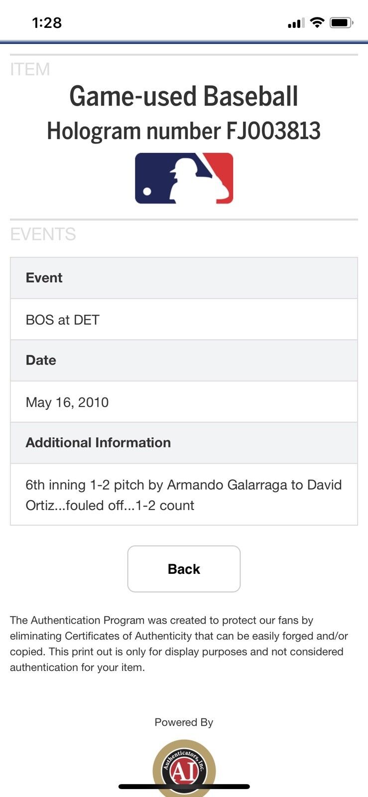 David Ortiz MLB Game Used Autographed Ball 5/16/10 Boston vs Detroit