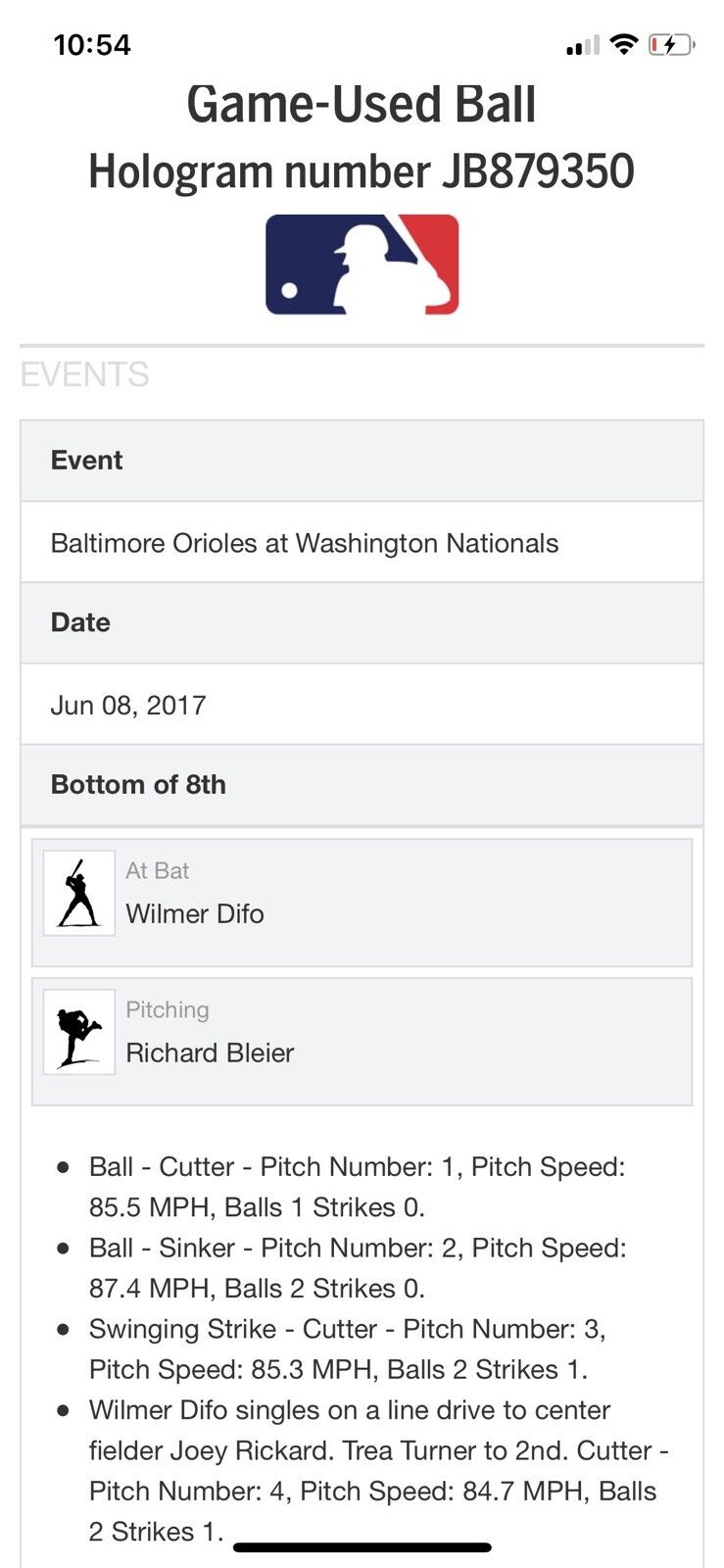 Bryce Harper MLB Game Used Single 6/8/17 Hit #713   Dual Single Ball Wilmer Difo