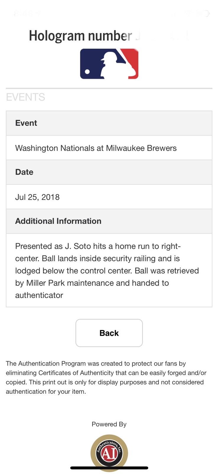Juan Soto MLB Authenticated Game Used Signed Home Run #11 Baseball 7/25/18