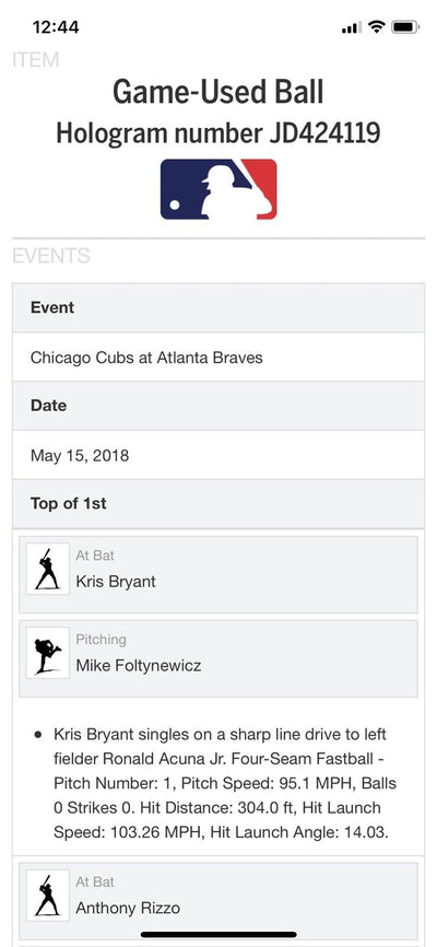 Kris Bryant MLB Game Used Single Baseball to Acuna Jr. 5/15/18 Cubs vs Braves