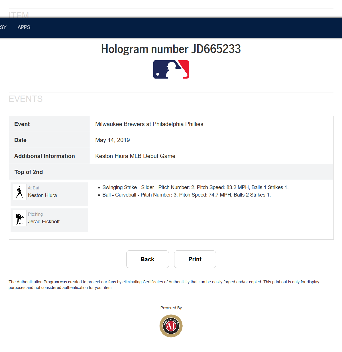 Keston Hiura Game Used MLB Authenticated First MLB At Bat Auto Baseball 5/14/19