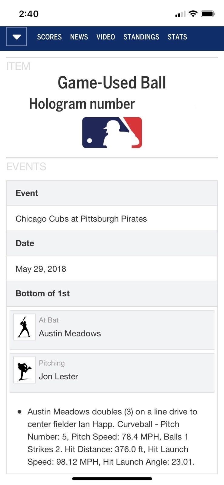 Austin Meadows MLB Game Used Double Autographed Baseball 5/29/18 Career Double#3