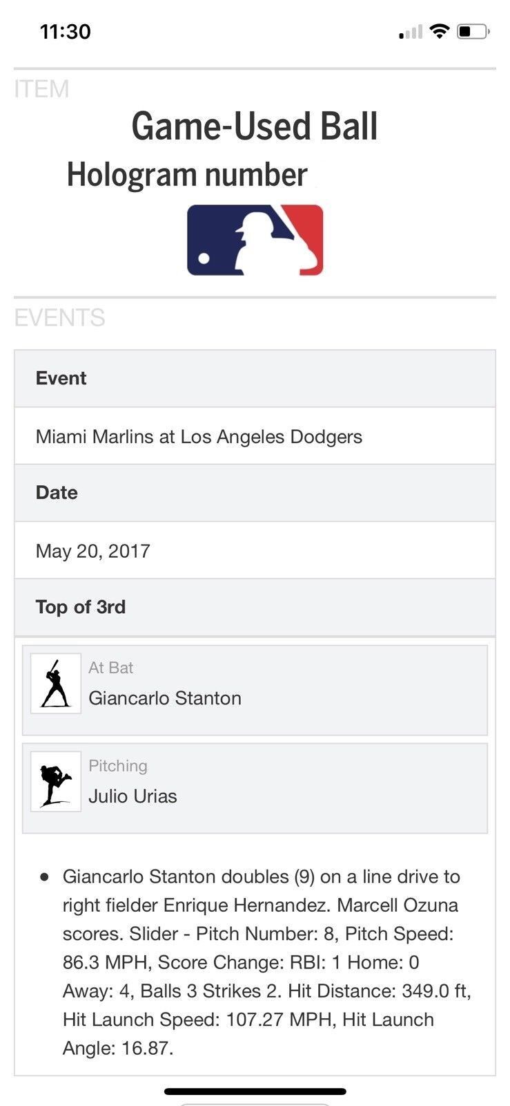 Giancarlo Stanton MLB Game Used Double RBI 5/20/17 Hit # 833 RBI # 568 MVP Year!