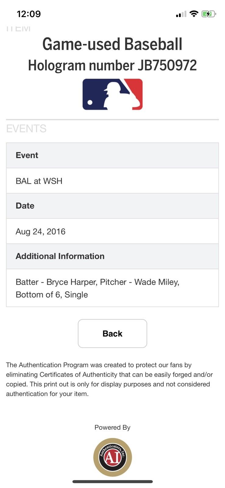 Bryce Harper MLB Game Used Single 8/24/16 Hit 