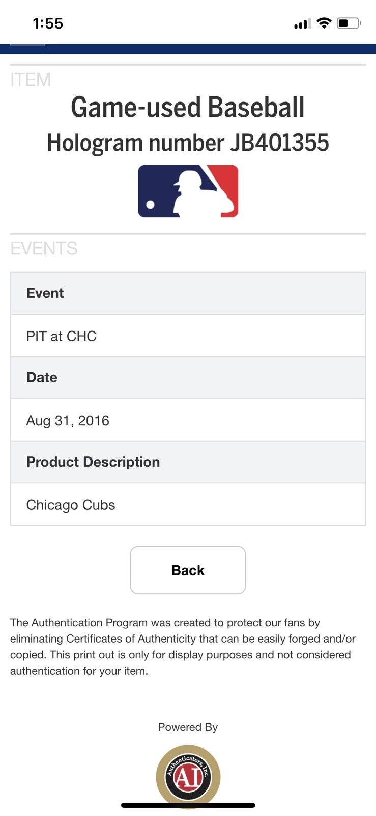 Kris Bryant Game Used MLB Logo Ball MVP Year Autographed Baseball 8/31/16