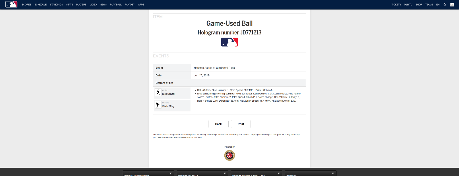 Nick Senzel MLB Game Used Single 2 RBI Baseball 6/17/19 Career Hit #42 Reds