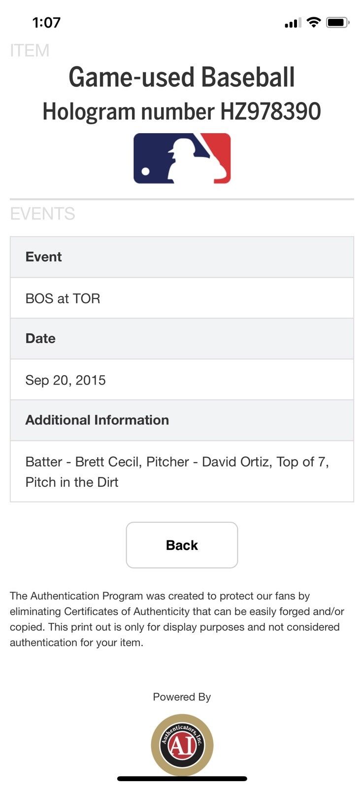 David Ortiz MLB Game Used Autographed Ball 9/20/15 Boston vs Toronto