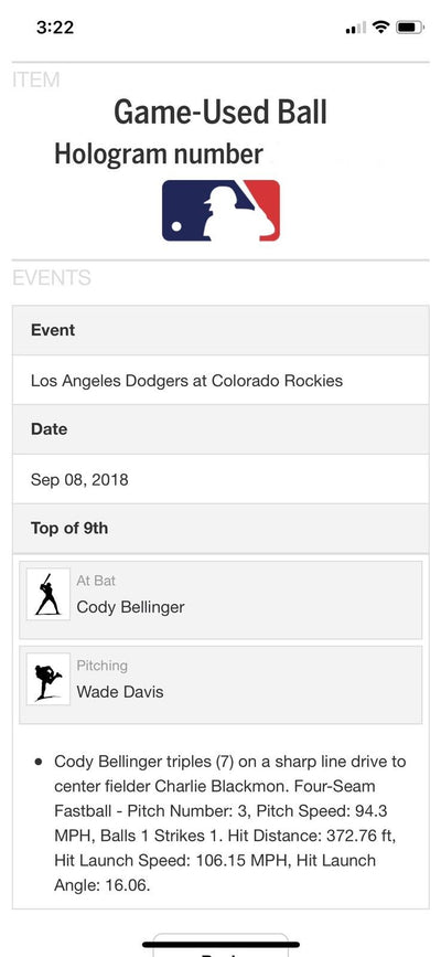 Cody Bellinger MLB Game Used Triple Logo Baseball Autographed Career Triple #11