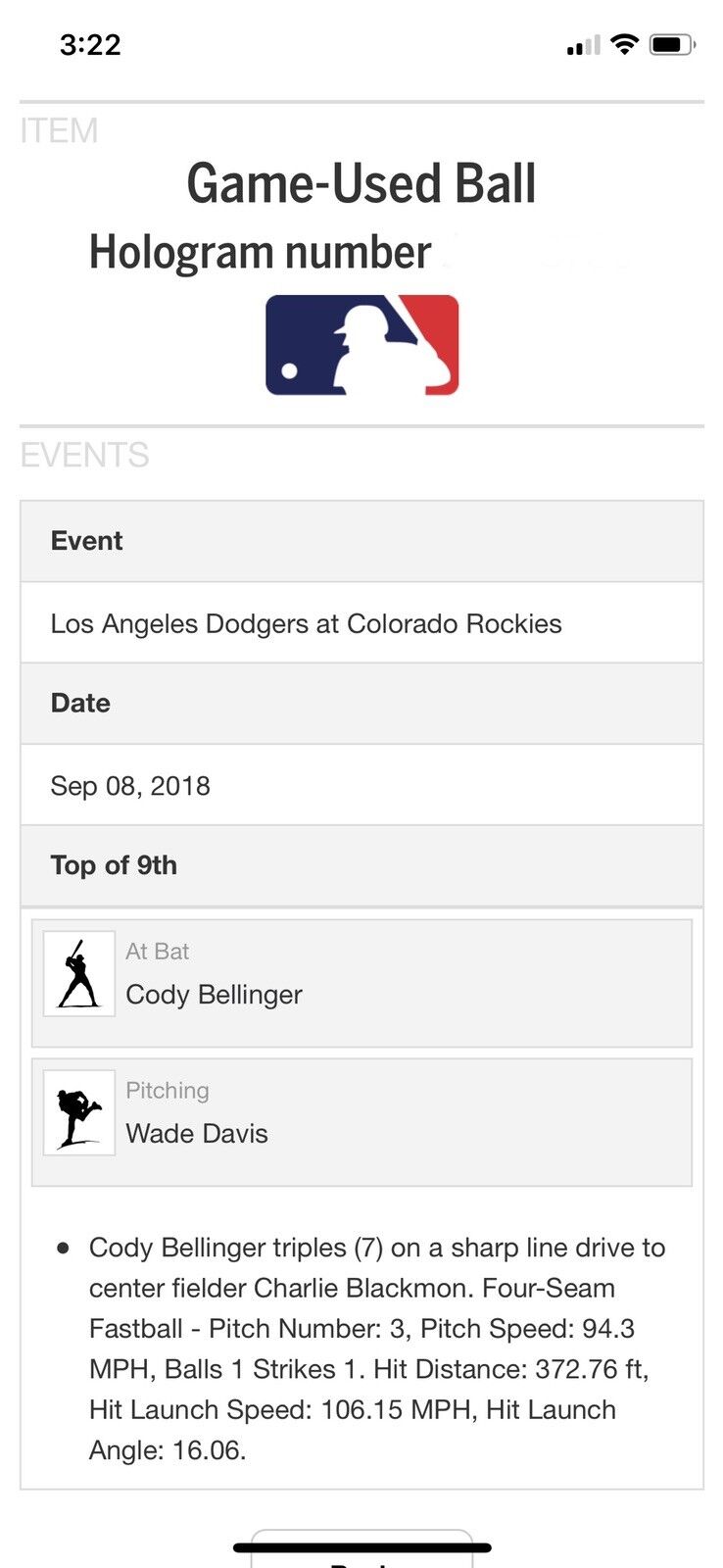 Cody Bellinger MLB Game Used Triple Logo Baseball Autographed Career Triple 