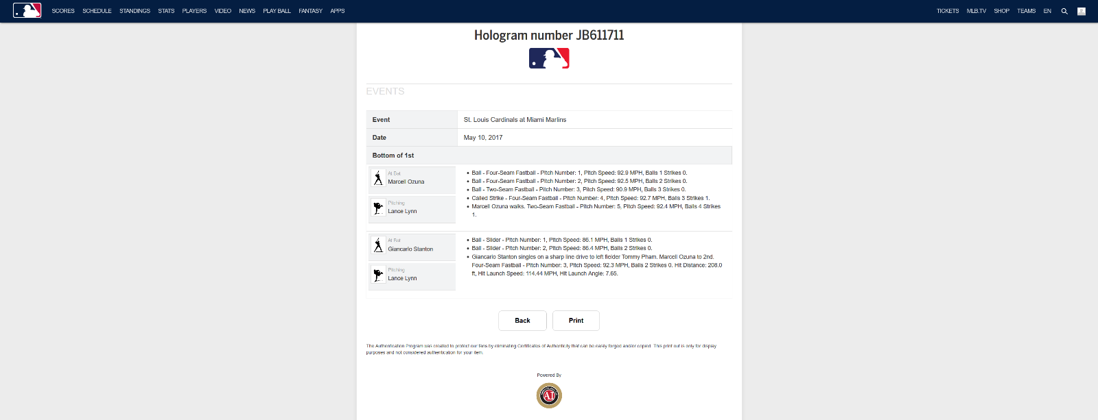 Giancarlo Stanton MLB Game Used Single Baseball 5/10/17 Hit #824  MVP Year