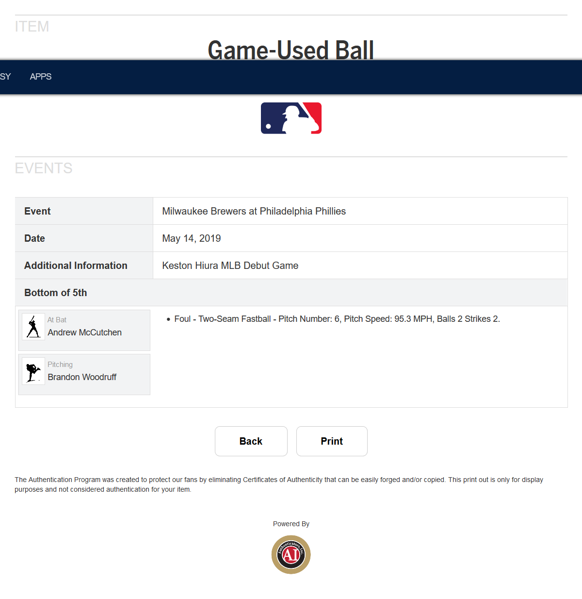 Keston Hiura GameUsed MLB Authenticated Debut Day Auto Baseball 5/14/19 Brewers