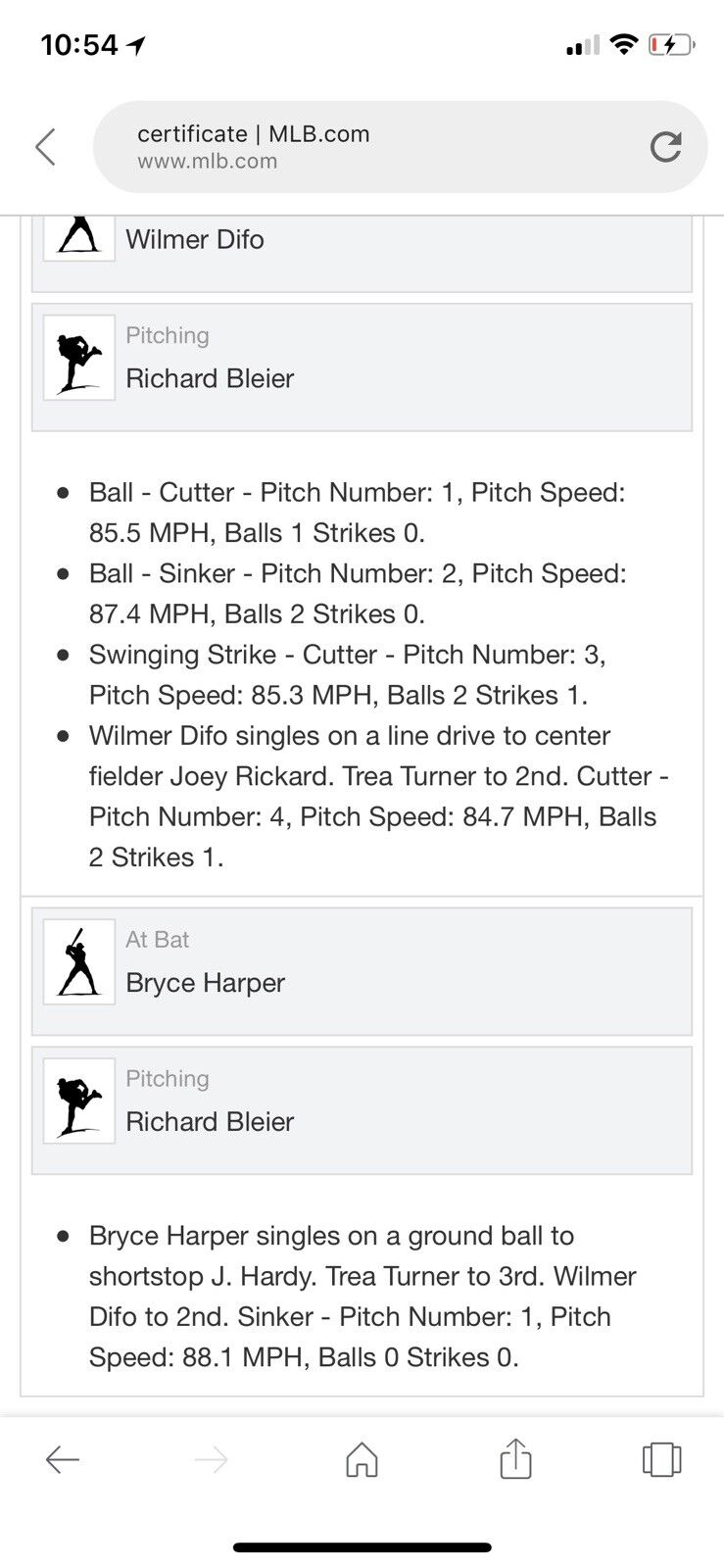 Bryce Harper MLB Game Used Single 6/8/17 Hit #713   Dual Single Ball Wilmer Difo