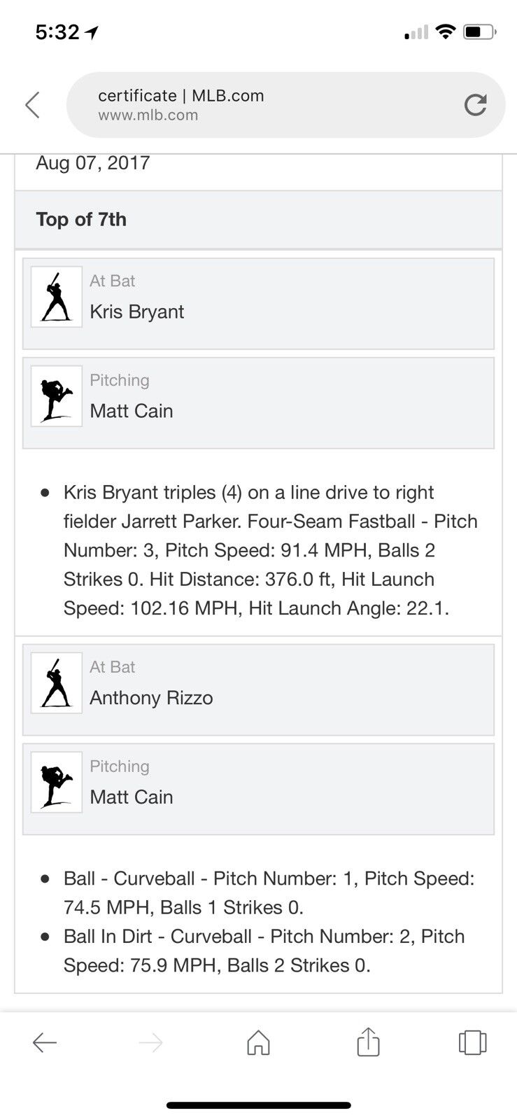 Kris Bryant MLB Game Used Triple Baseball 8/7/17 Cubs Vs Giants Triple #11