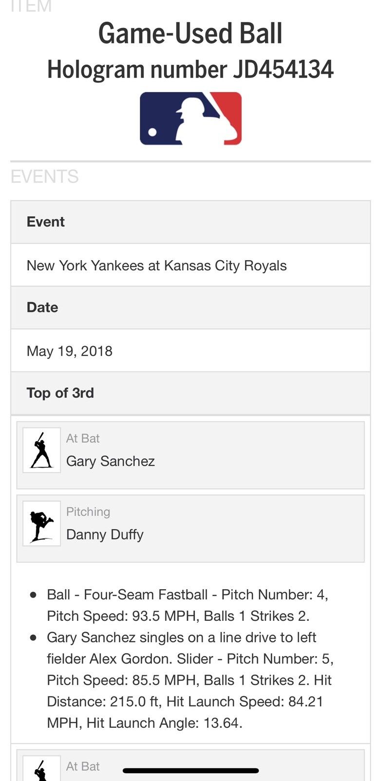 Gary Sanchez Game Used MLB Authenticated Single Auto Logo Baseball 5/19/18