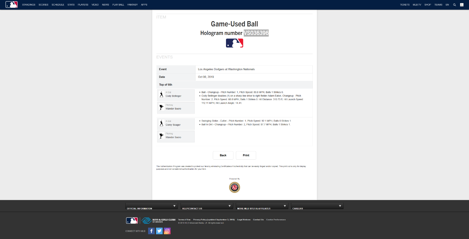Cody Bellinger MLB Game Used NLDS Double Baseball 10/6/19 Dodger MLB MVP