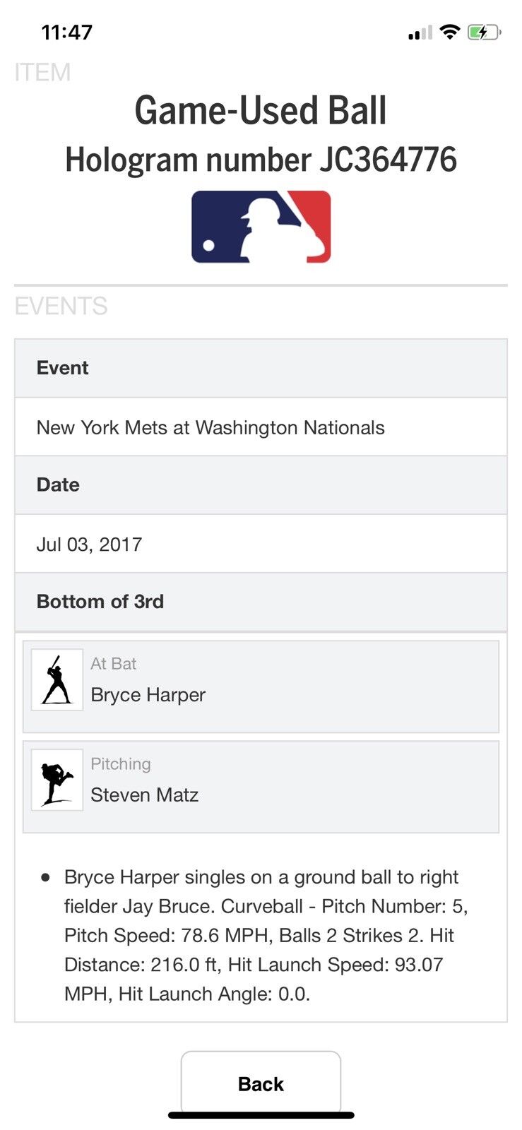 Bryce Harper MLB Game Used Single 7/3/17 Hit #742 Mets vs Nationals , Phillies