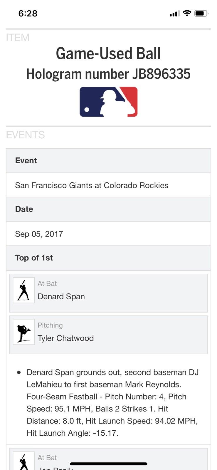 Joe Panik MLB Game Used Double Baseball 9/5/17 Giants vs Rockies Double #81 Mets