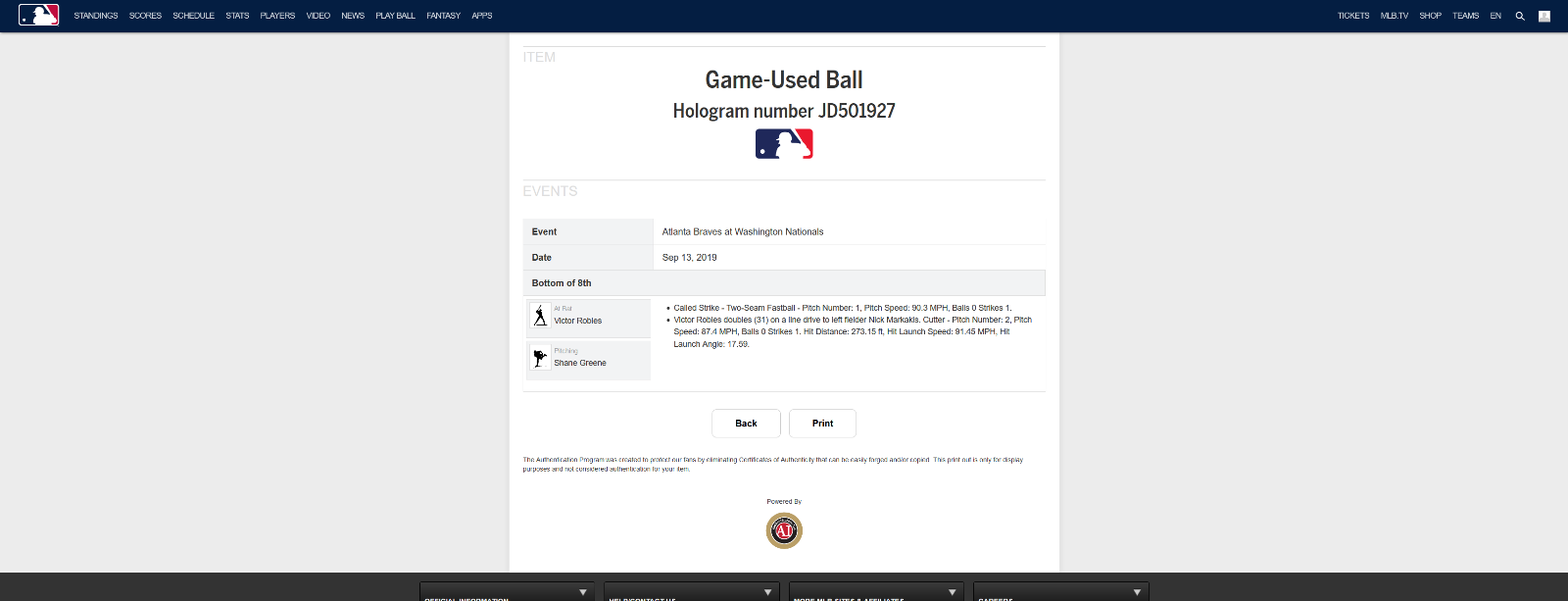 Victor Robles MLB Game Used Double Baseball 9/13/19 Career Double #35 Nationals