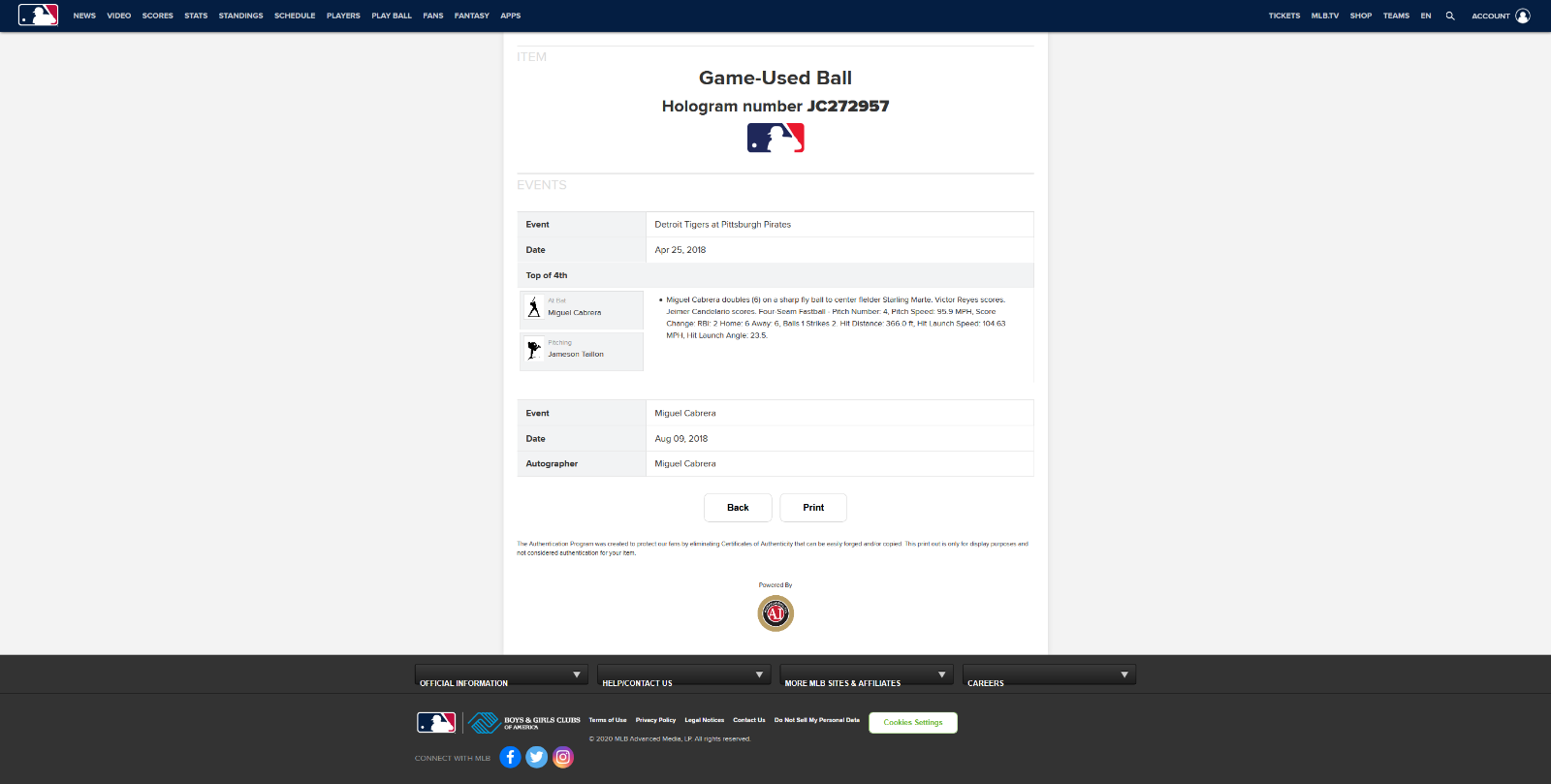 Miguel Cabrera MLB Game Used Double RBi's Autographed Baseball Career Hit #2658