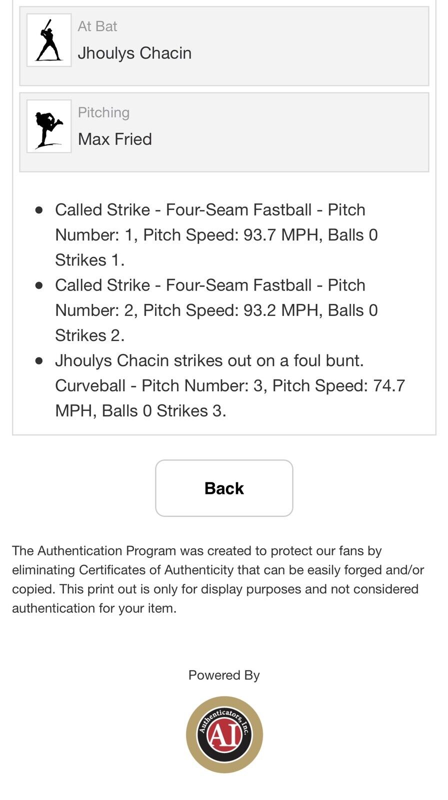Keston Hiura Game Used MLB Authenticated Single Ball Auto 5/17/19 Career Hit # 3