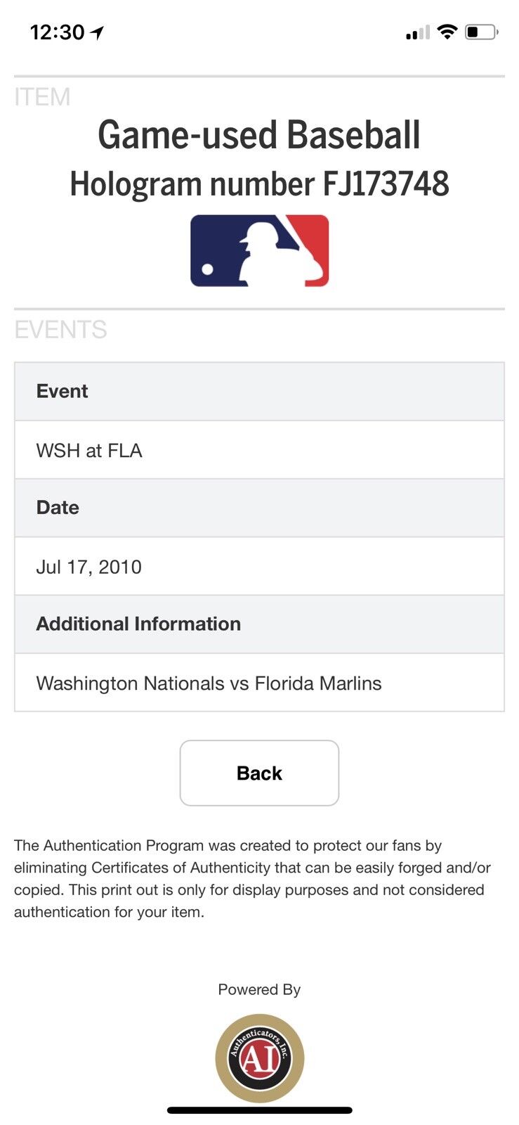 Giancarlo Stanton MLB Game Used Baseball 7/17/10 Rookie Year National vs Marlins