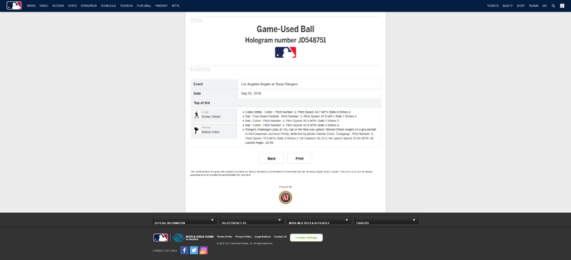 Shohei Ohtani MLB Game Used Single Baseball 8/5/18 Career Hit 
