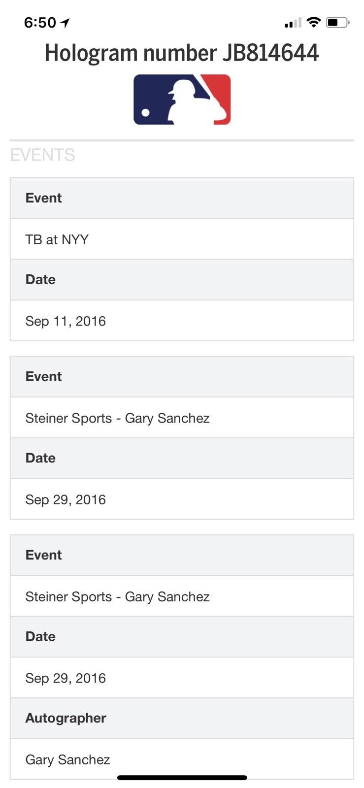 Gary Sanchez Game Used Baseball Rookie Year Autographed Baseball 9/11/16