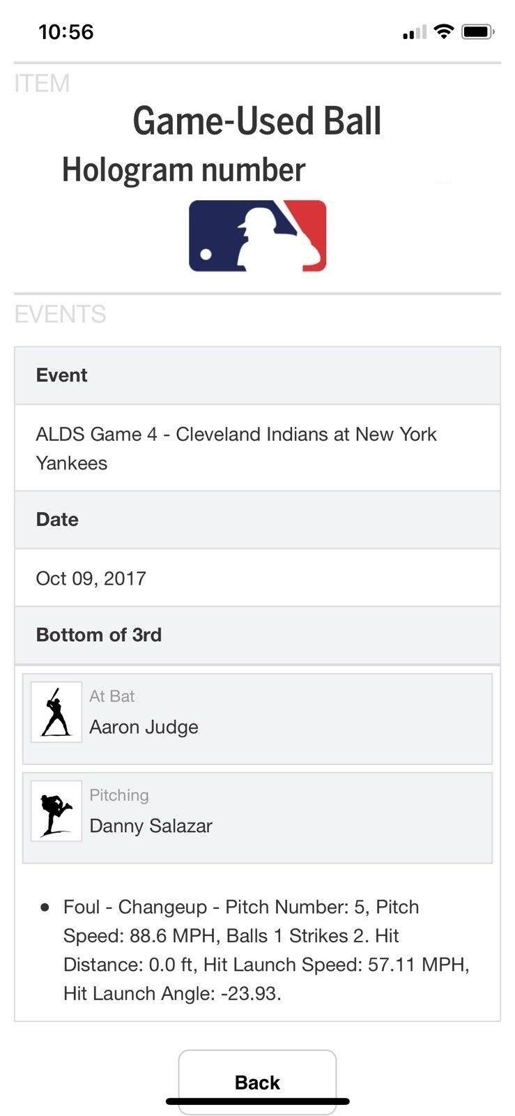 Aaron Judge MLB Game Used Post Season Baseball 10/9/2017 Yankees vs Indians