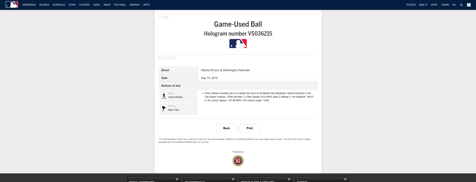 Victor Robles MLB Game Used Double Baseball 9/15/19 Career Double #36 Hit #150