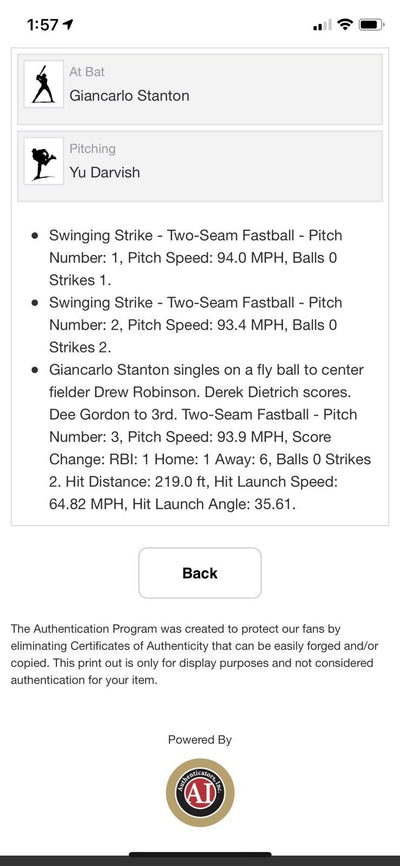 Giancarlo Stanton MLB Game Used Single RBI Baseball 7/26/17 Hit #892  MVP Year!