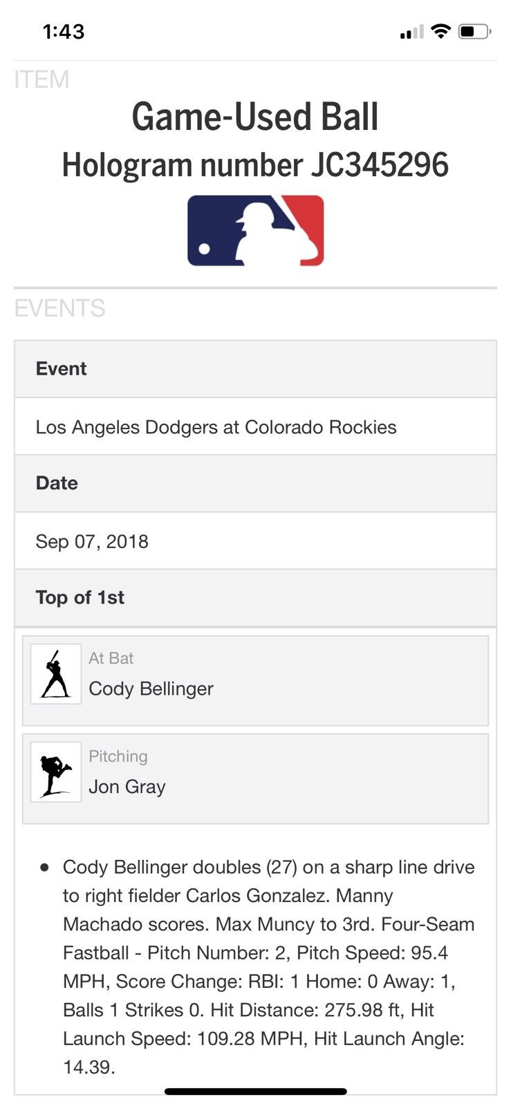 Cody Bellinger MLB Game Used Logo Double RBI Baseball 9/7/18 Double #53 Hit# 256