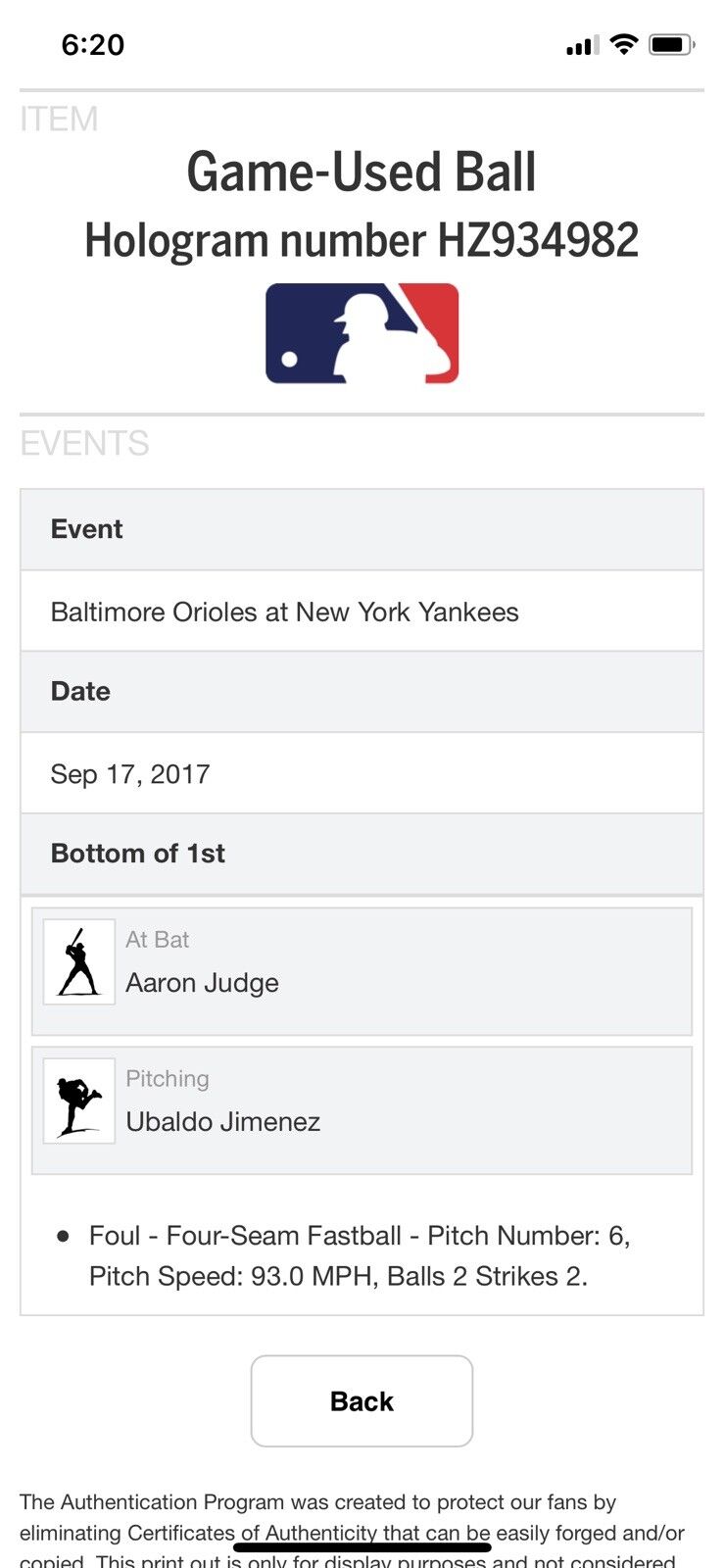 Aaron Judge MLB Game Used Rookie Year Baseball 9/17/2017 Yankees vs Orioles