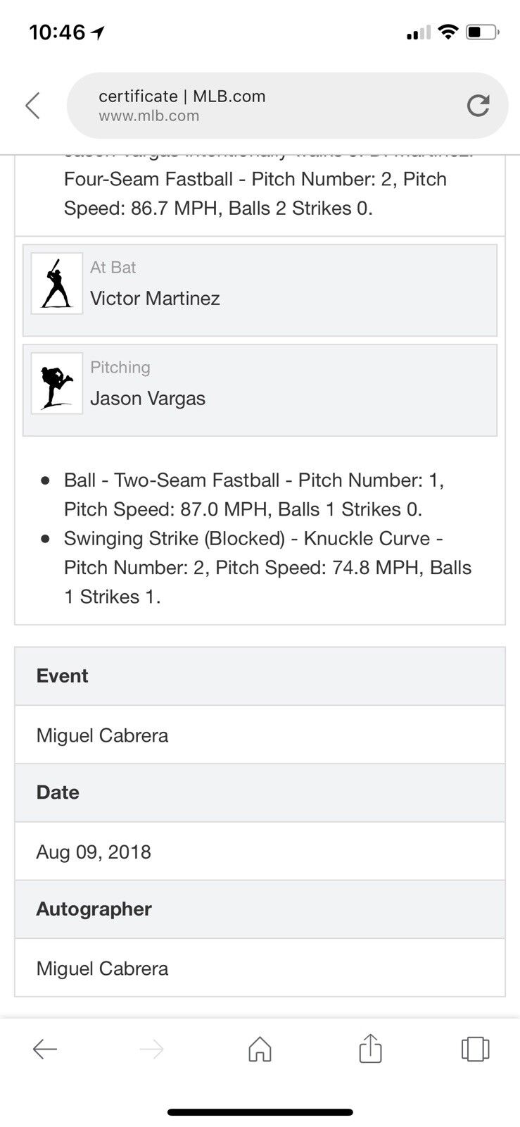 Miguel Cabrera Autographed MLB Game Used Fly Out 7/17/17 Rare 5 Player Baseball