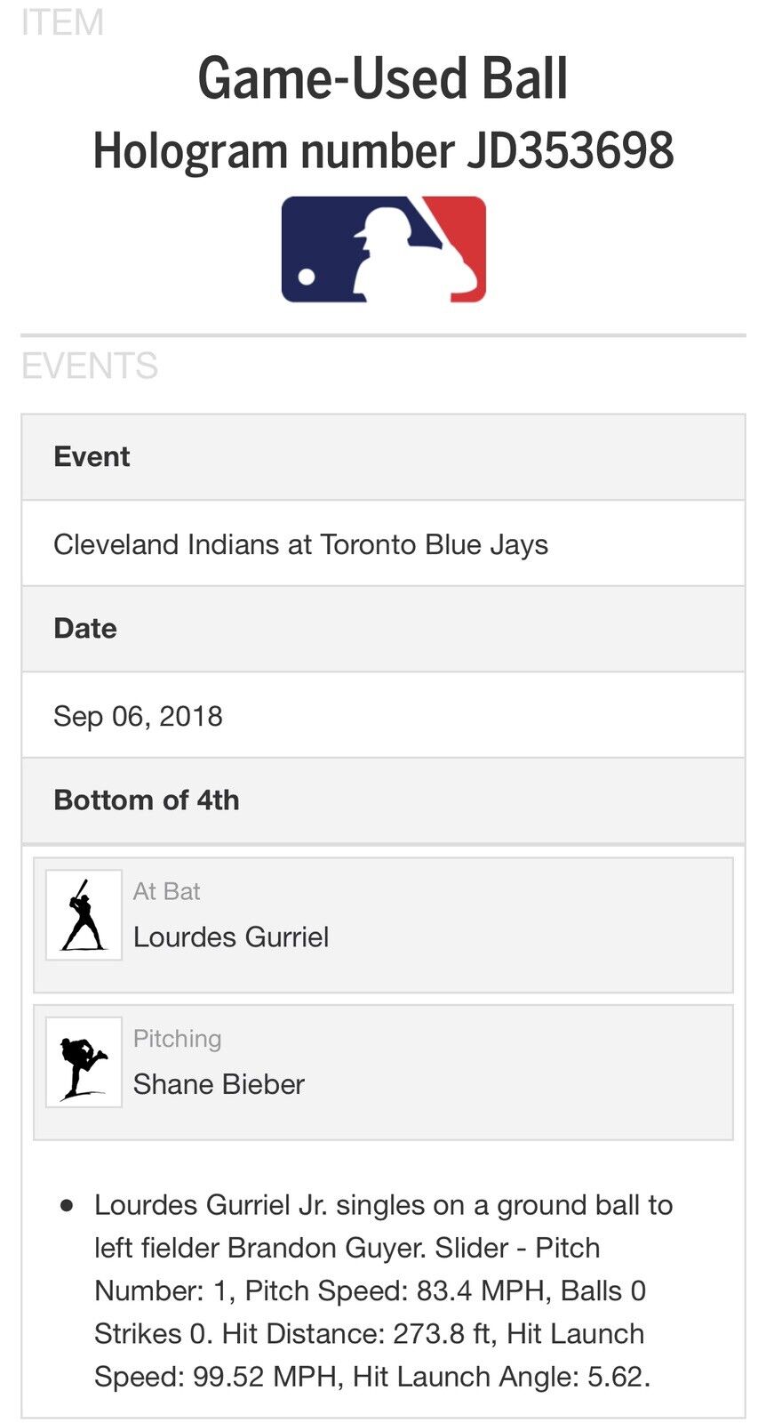 Lourdes Gurriel Jr. Game Used MLB Authenticated Single Baseball 9/6/18 Rookie