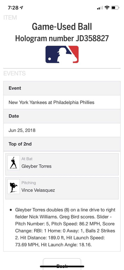 Gleyber Torres MLB Game Used Double #8 Auto Baseball 6/25/18 Career Hit #55