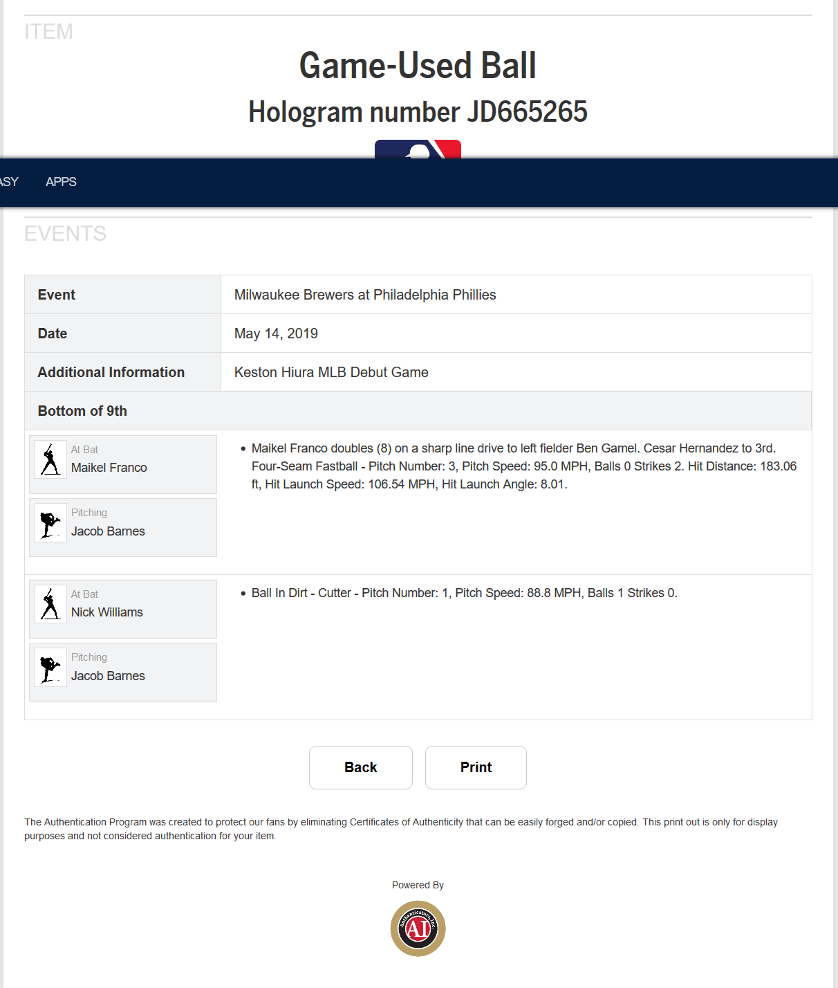 Keston Hiura GameUsed MLB Authenticated Debut Day Baseball 5/14/19 Brewers