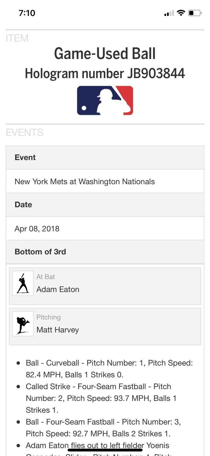 Bryce Harper MLB Game Used Single 4/8/18 Hit #792 3 Player Ball Mets vs National