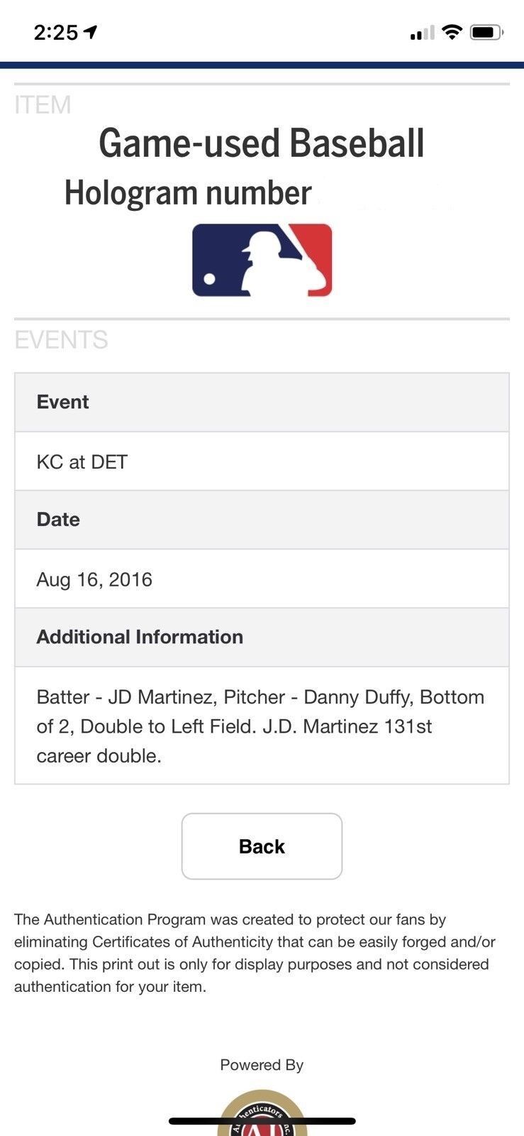 JD Martinez Redsox MLB Game Used Double Inscribed Autographed Baseball 8/16/16