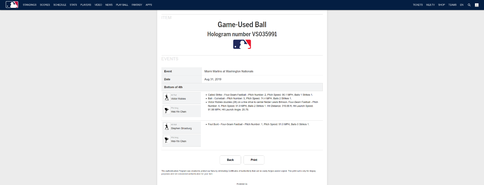 Victor Robles MLB Game Used Double Baseball 8/31/19 Career Double #30 Nationals